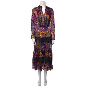 Saloni Floral Long Sleeve Silk Half Button Lace Midi Dress Multi Women's Size 4